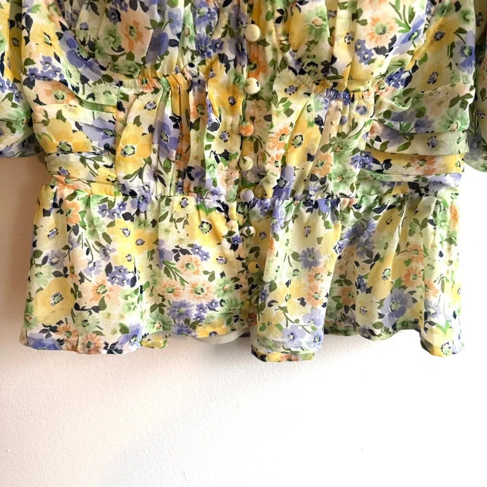 Astr Floral Puff-Sleeve Peplum Milkmaid Babydoll Top in Yellow and Lavender - Picture 5 of 11